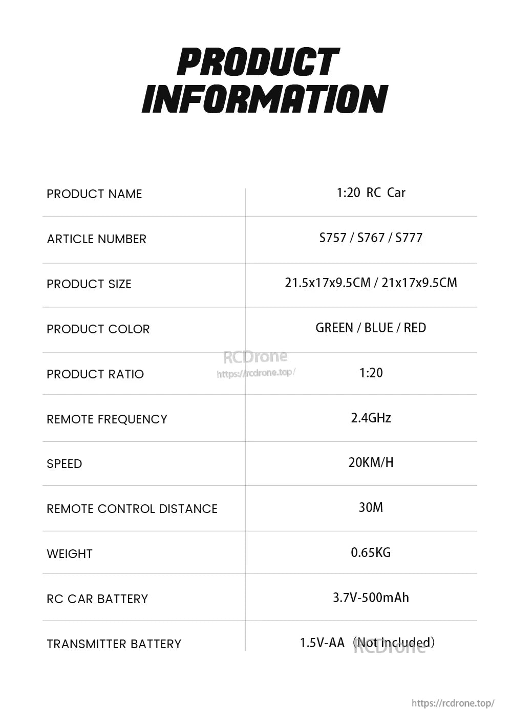 1/20 Scale 4 Wheel Drive Off-Road RC Car, 21.5x17x9.5cm RC car, 2.4GHz remote, 20km/h, 30m range, 0.65kg. 3.7V-500mAh battery; AA not included. Colors: green, blue, red.