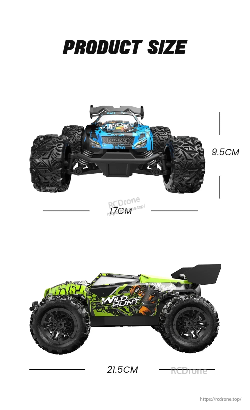 1/20 Scale 4 Wheel Drive Off-Road RC Car, 1/20 scale 4WD off-road RC car in blue and green, sized 17x9.5cm and 21.5x9.5cm, with "OFF-ROAD" and "WILD HUNT" decals.