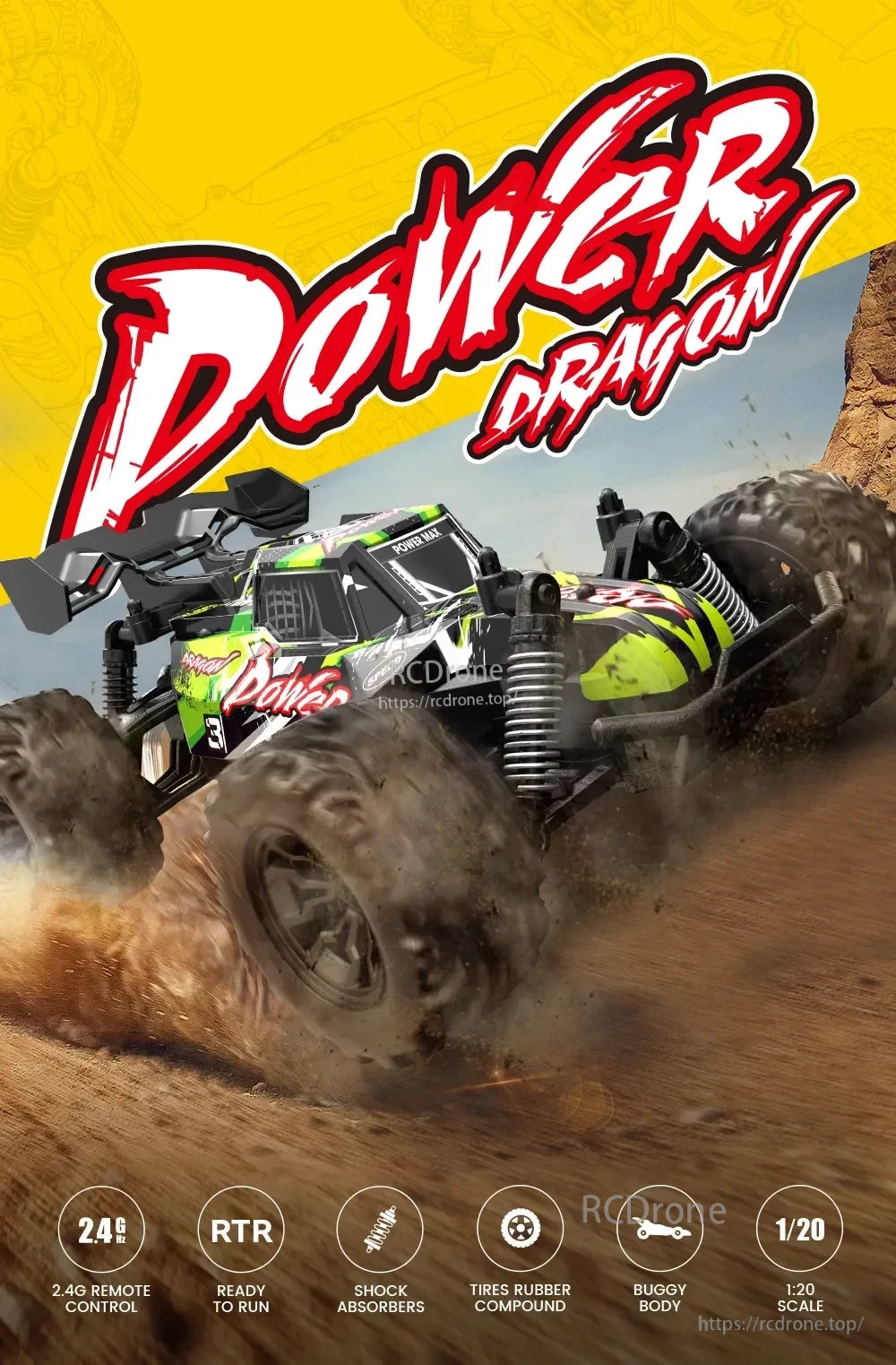 1/20 Scale 4 Wheel Drive Off-Road RC Car, Power Dragon 1/20 scale 4WD off-road RC car with 2.4G remote, ready-to-run, featuring shock absorbers, rubber tires, and a buggy body.