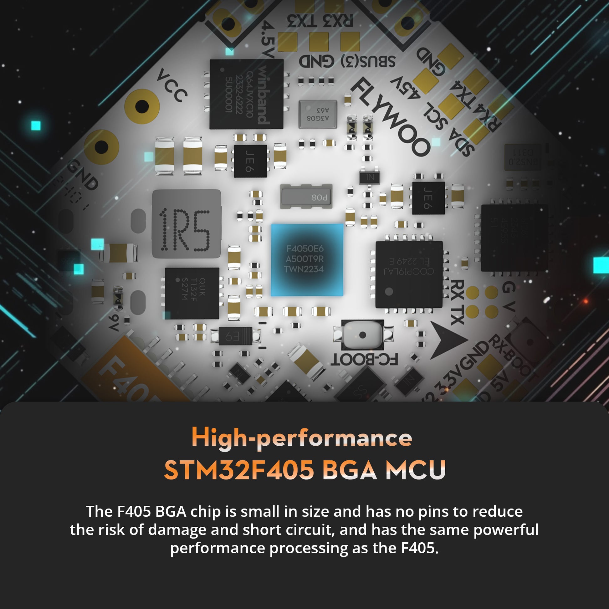 Flywoo GOKU F405 HD AIO flight controller PCB close-up with STM32F405 BGA MCU and labeled RX/TX pads