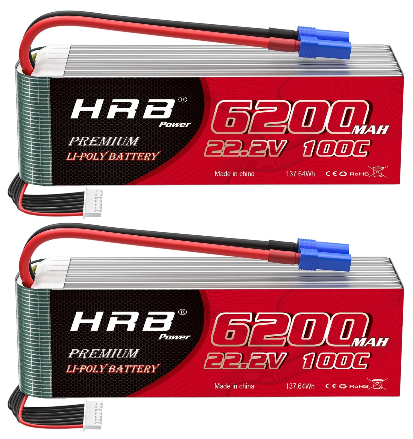 HRB 2-Pack 6S 22.2V 6200mAh 100C LiPo batteries with blue EC5-style connectors