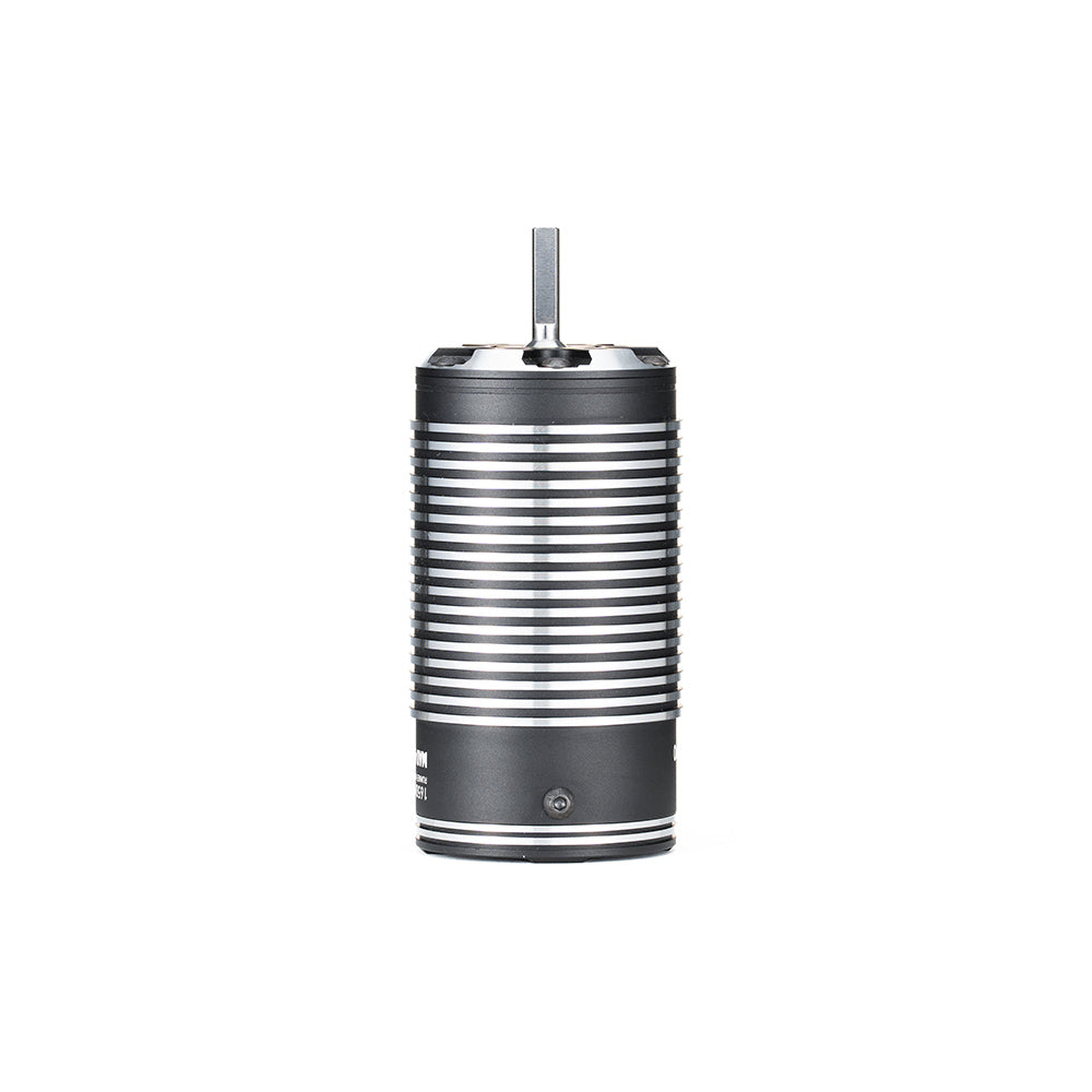 MAD Runner4990 RC car brushless motor with finned aluminum can and protruding shaft on a white background