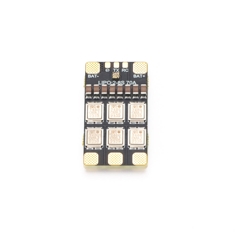MAD AM32 70A 3-8S ESC, Compact AM32 70A LIPO 2–8S ESC board with labeled BAT+/BAT- pads and small signal pads