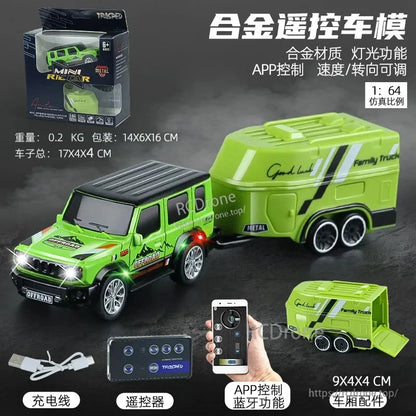 1:64 Mini Alloy Rc Car, Mini 1:64 alloy RC car with trailer, 2.4GHz remote, Bluetooth app control, USB charging, lights, 70m range; includes remote, charger, and trailer.