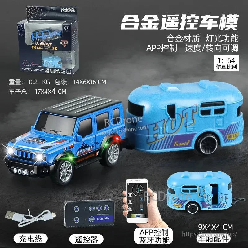 1:64 Mini Alloy Rc Car, Mini 1:64 alloy RC car with trailer, 2.4GHz remote, Bluetooth app control, USB charging, LED lights, 70m range; includes charger, remote, and app.