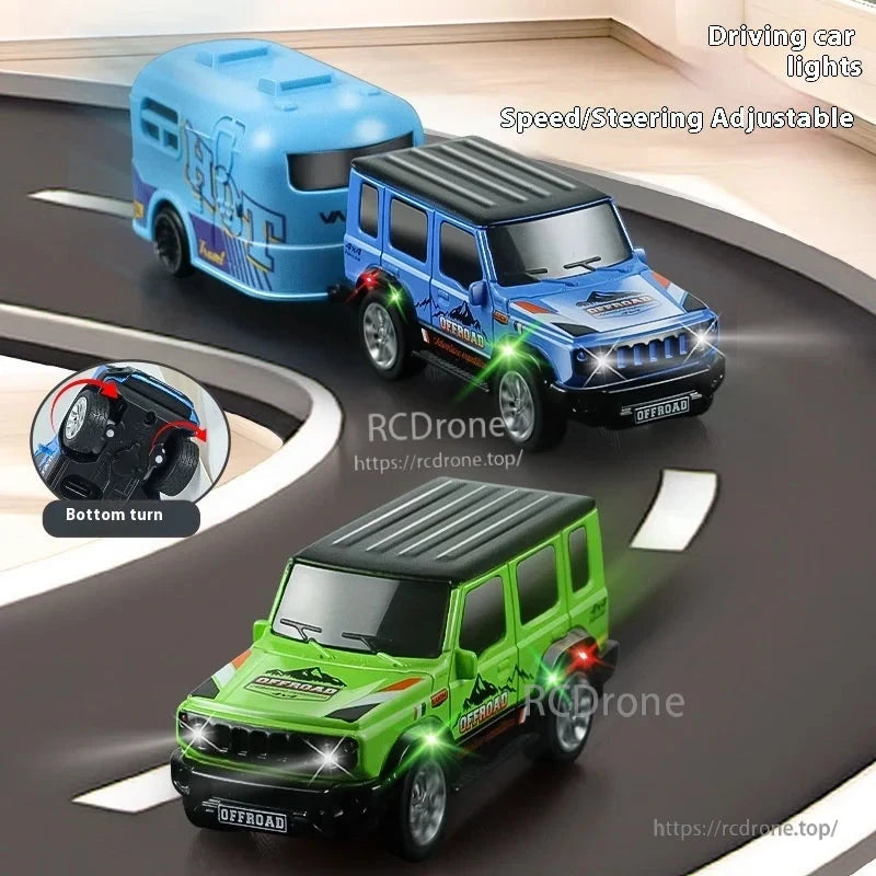 1:64 Mini Alloy Rc Car, Mini Alloy RC Car with Trailer features dual-mode control, LED lights, and long range up to 70m.