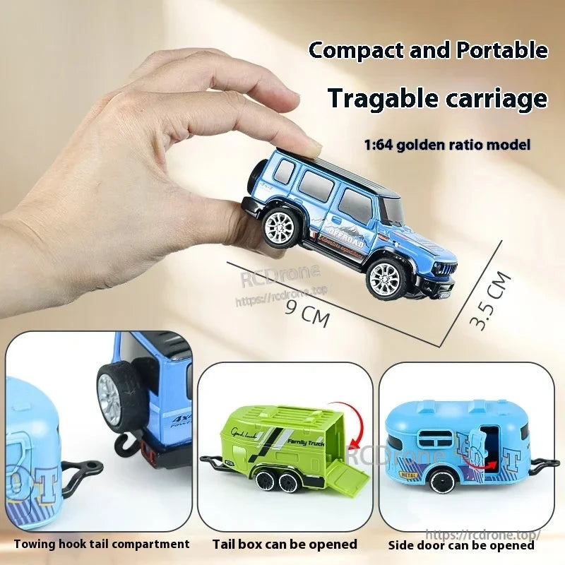 1:64 Mini Alloy Rc Car, Compact and portable trailer features a 1:64 scale golden ratio model car with opening compartments and remote control.