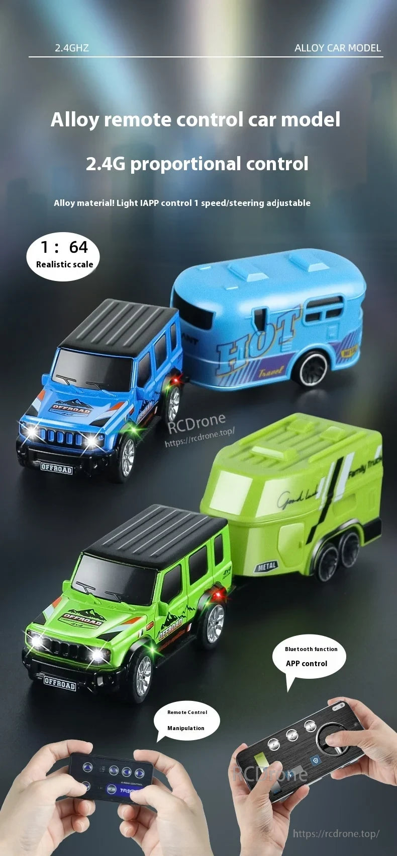 1:64 Mini Alloy Rc Car, Alloy RC car with 2.4G control, app/remote operation, Bluetooth, lights, adjustable speed, steering, and realistic scale design.