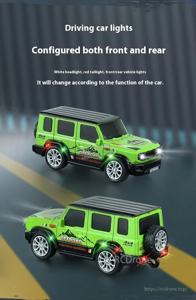 1:64 Mini Alloy Rc Car, Green 1:64 scale alloy RC car featuring white headlights, red taillights, and working front/rear lights for a realistic driving experience.