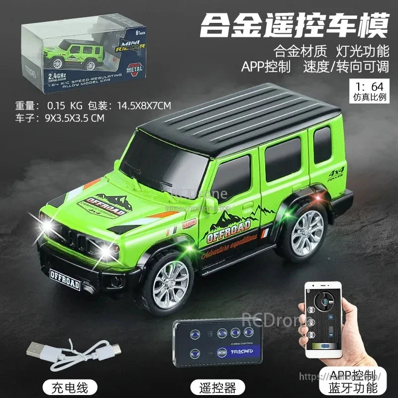 1:64 Mini Alloy Rc Car, Mini 1:64 alloy RC car with 2.4GHz and Bluetooth APP control, USB charging, LED lights, 70m range, off-road design; includes charger and controller.