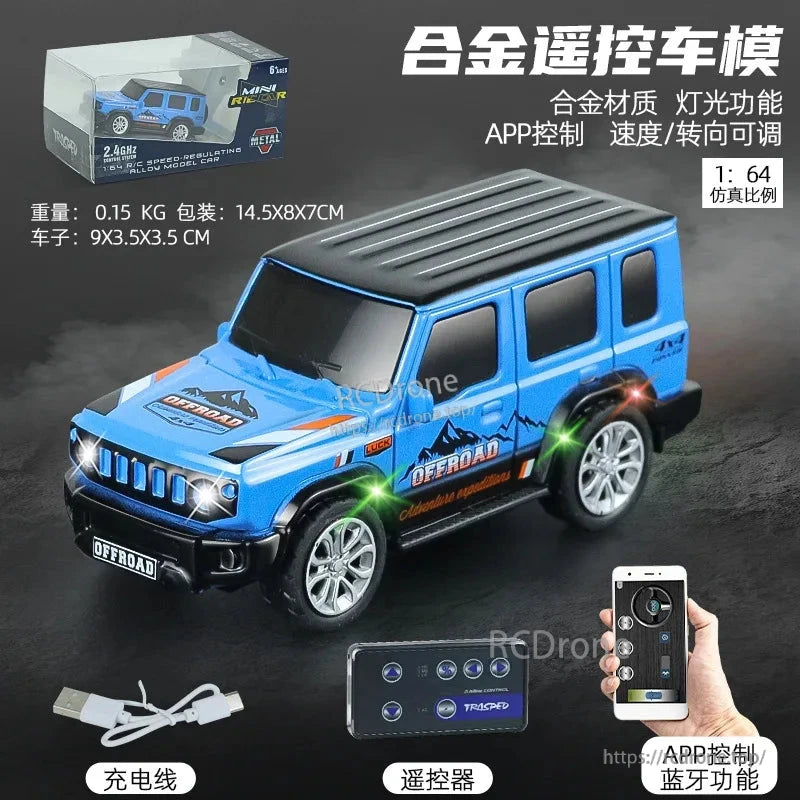 1:64 Mini Alloy Rc Car, Alloy RC car, 1:64 scale, metal body, 2.4GHz/Bluetooth, USB charging, lights, 70m range, adjustable speed/steering, includes charger and remote.