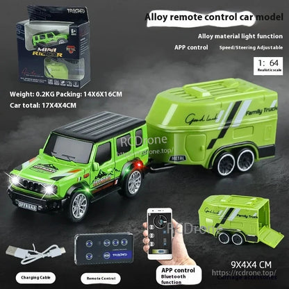1:64 Mini Alloy Rc Car, Mini 1:64 alloy RC car with trailer, Bluetooth, USB charging, lights, 70m range, dual-mode control via app or remote. Includes cable and remote. (24 words)