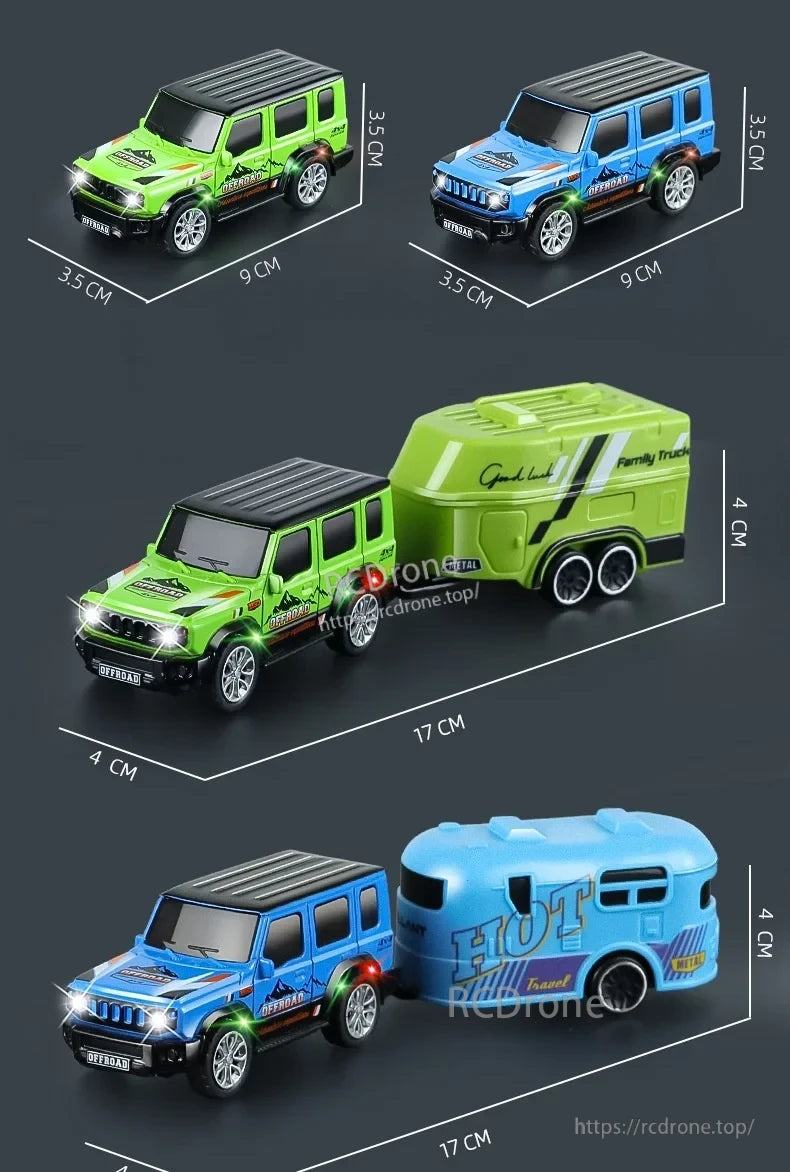 1:64 Mini Alloy Rc Car, Mini alloy RC cars in green and blue with trailers, featuring off-road design and detailed decals for realistic, durable outdoor play.