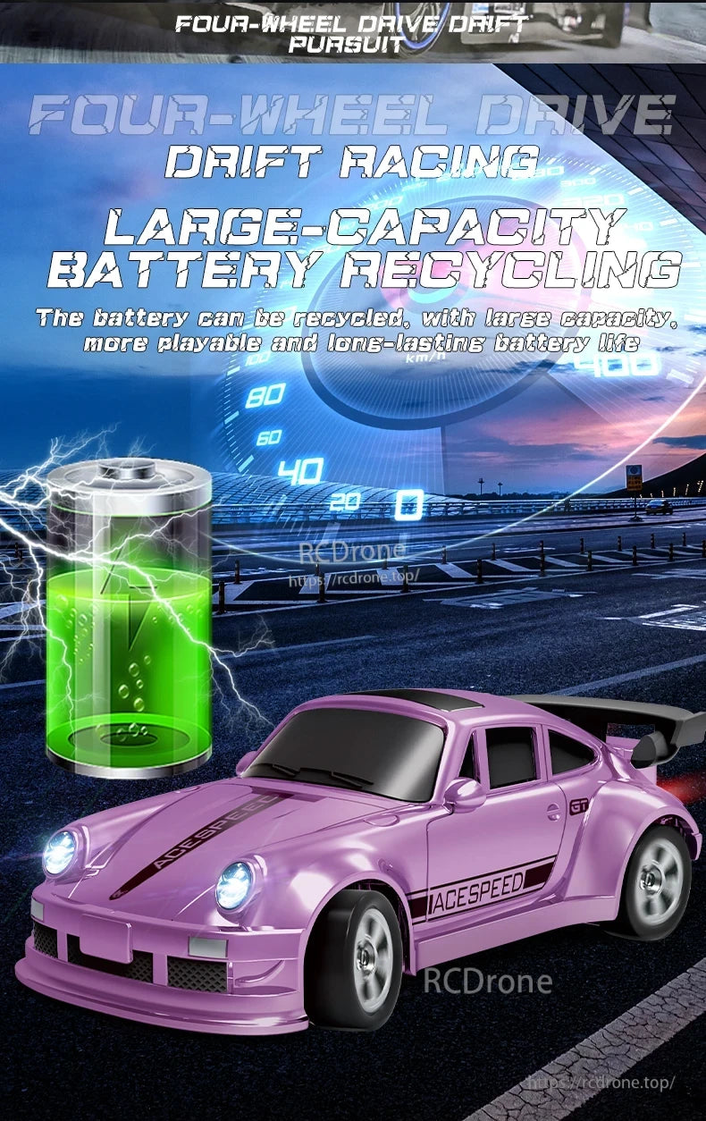 1/64 RC Car, Rechargeable RC car with four-wheel drive, large battery, vibrant green visuals, purple body, "AGESPEED" branding, high-speed performance, advanced tech, and dynamic styling in a compact design.