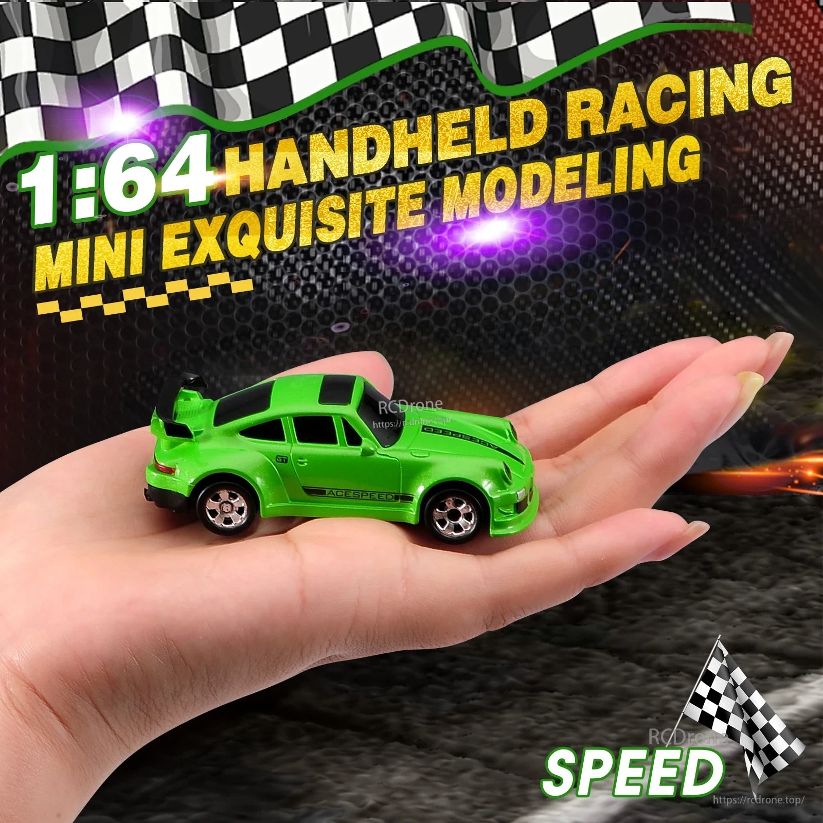 1/64 RC Car, Compact green sports car mini with detailed design, realistic features, speed, and checkered flag for racing.