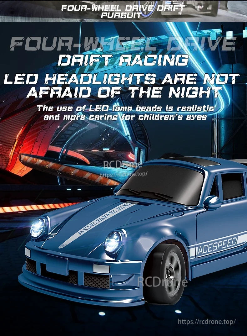 1/64 RC Car, Four-wheel drive RC drift car with LED headlights, "ACESPEED" branding, and sleek blue design, safe for children.