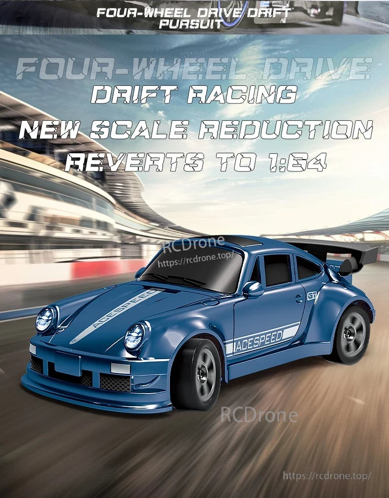 1/64 RC Car, AceSpeed GT blue RC car drifts on track at 1:64 scale.
