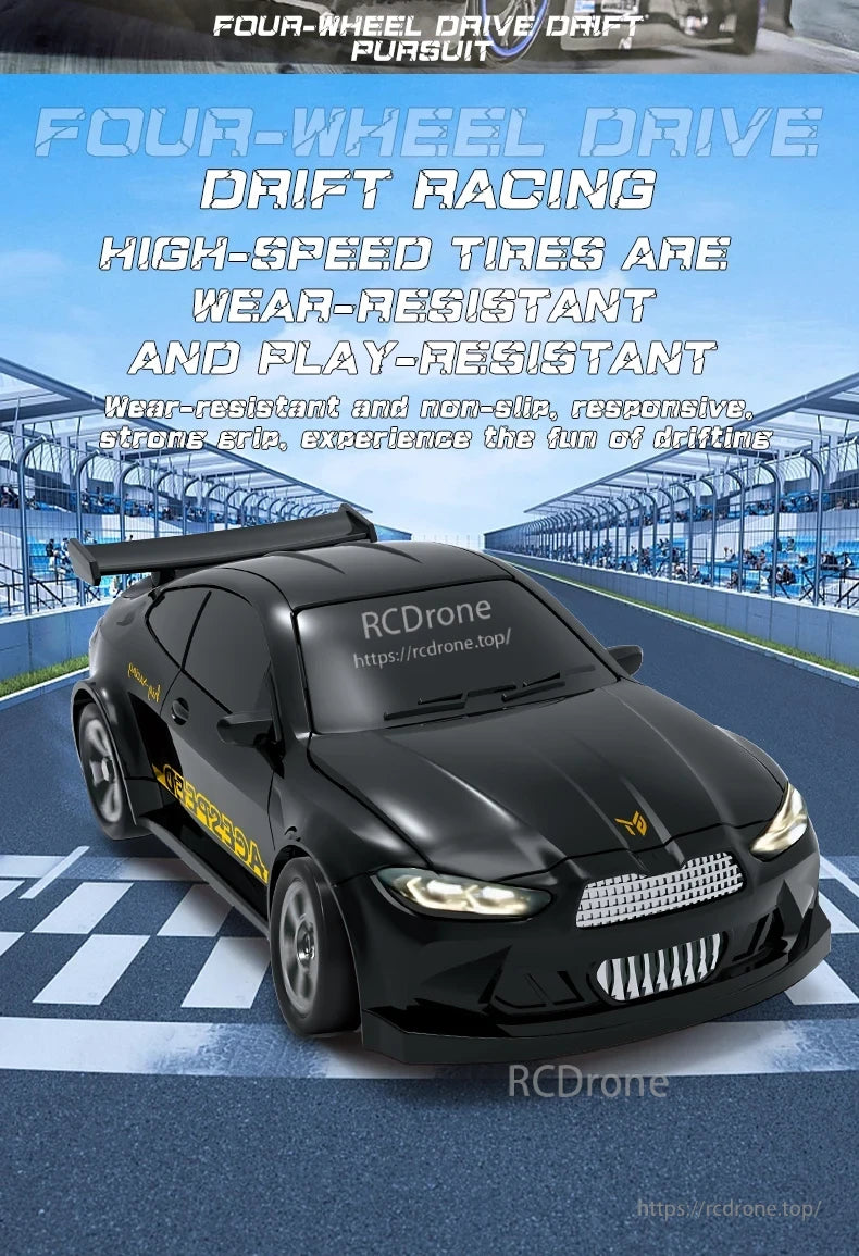 1/64 RC Car, Four-wheel drive RC car with high-speed, durable tires offers strong grip and responsive handling for thrilling drift racing.