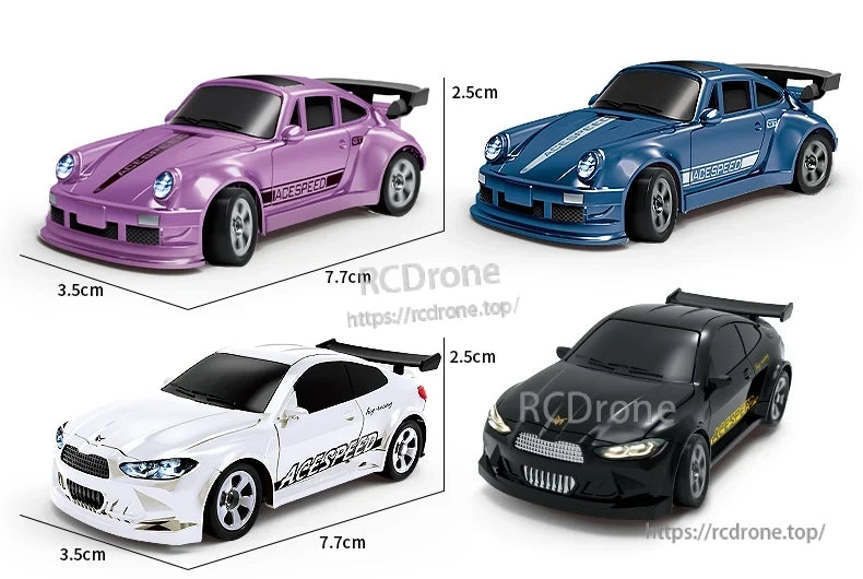 Four 1/64 RC cars in purple, blue, white, and black, branded "AGESPEED."