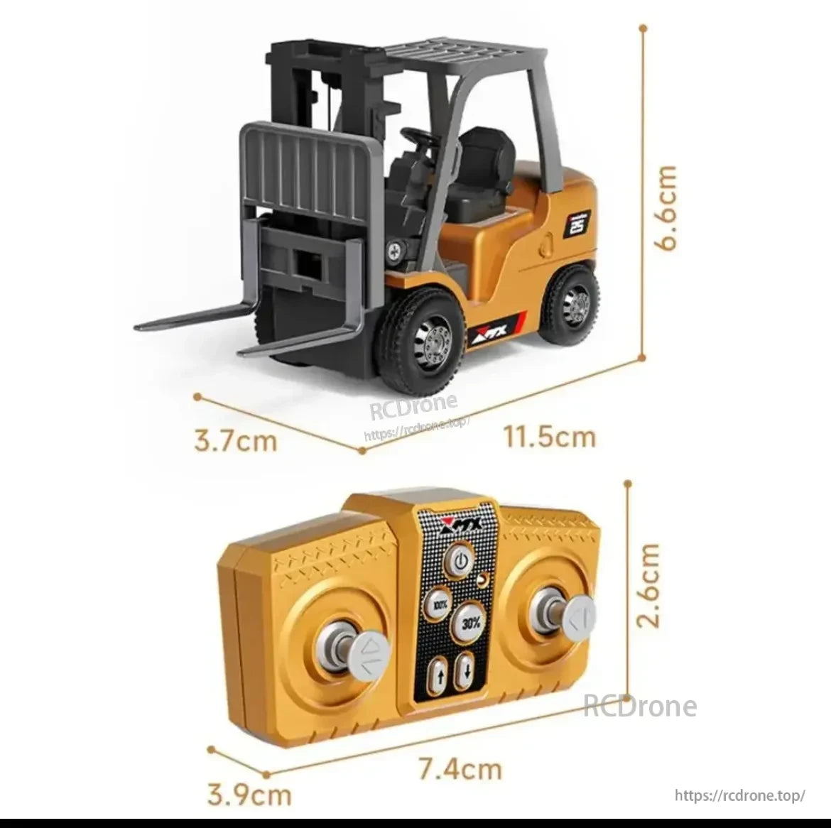 1/64 RC Forklift, Compact metal tabletop model of an RC forklift with remote control.