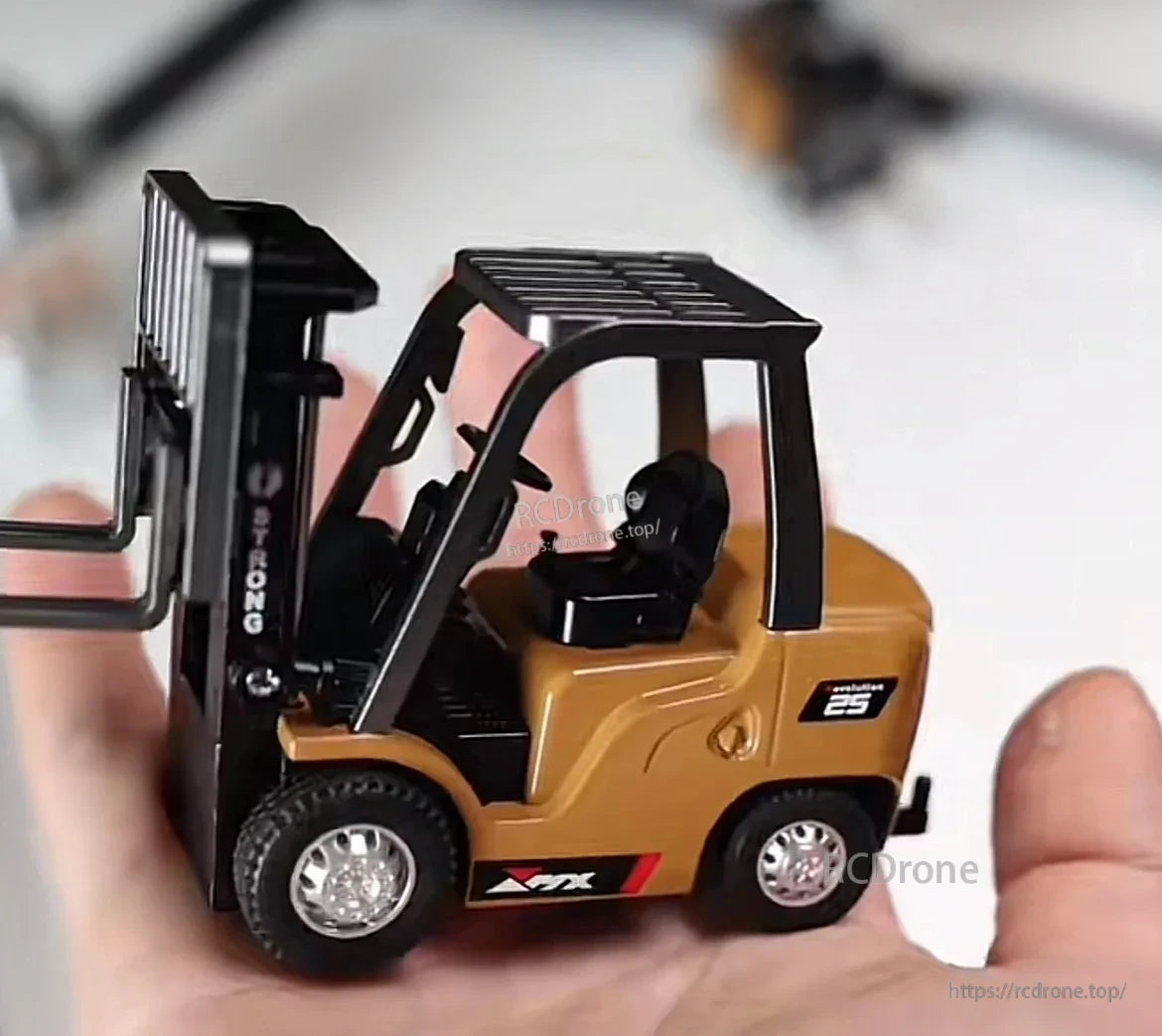1/64 RC Forklift, The product features die-cast metal construction with detailed parts including cab, mast, and forks.