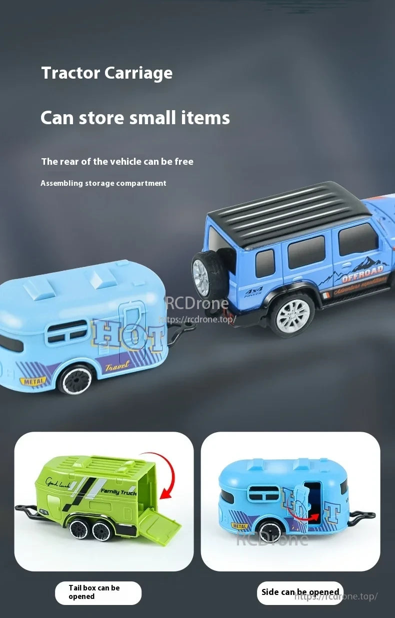 1:64 Mini Alloy Rc Car, Mini alloy RC car features a detachable trailer, storage compartment, and openable tail and side doors for enhanced functionality and convenience.