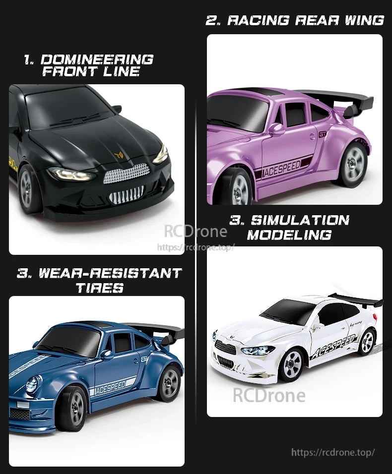 1/64 RC car featuring bold front, racing wing, realistic design, and durable tires.