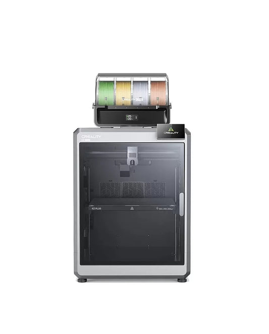 Creality K2 Plus Combo 3D Printer front view with enclosed chamber and top multi-spool filament unit
