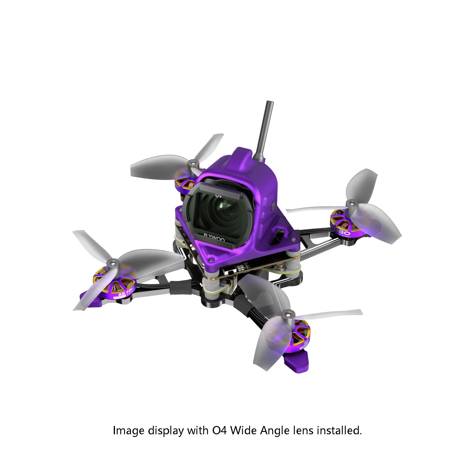 Firefly16 1S nano FPV quadcopter with purple canopy, O4 wide-angle camera lens, four props and antenna
