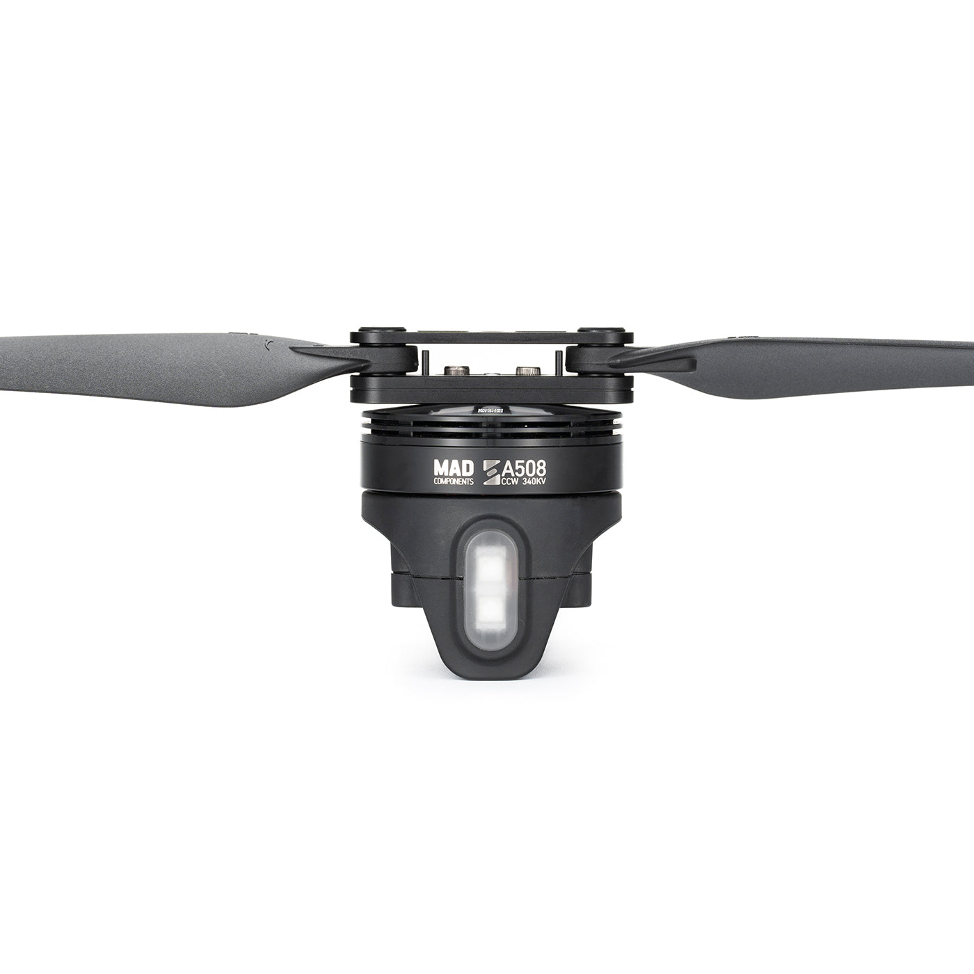 MAD StableCore A508 Drone Arm, MAD A508 drone motor with two-blade propeller mounted on a black housing, front view with MAD A508 label