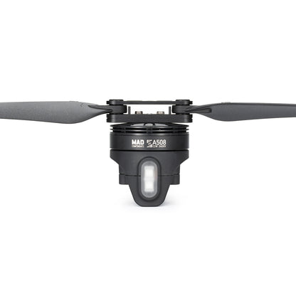 MAD StableCore A508 Drone Arm, MAD A508 drone motor with two-blade propeller mounted on a black housing, front view with MAD A508 label