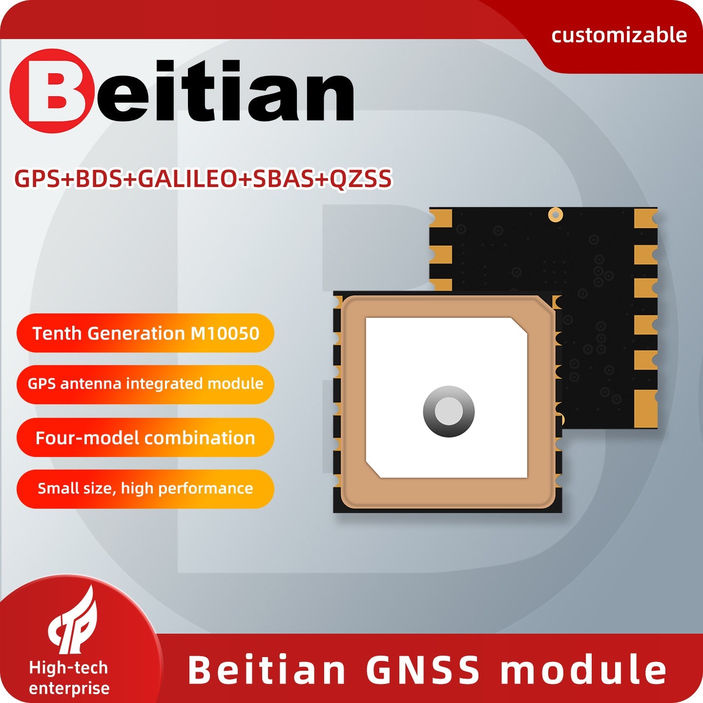 Beitian BE-166 GNSS module artwork showing the built-in patch antenna and black circuit board
