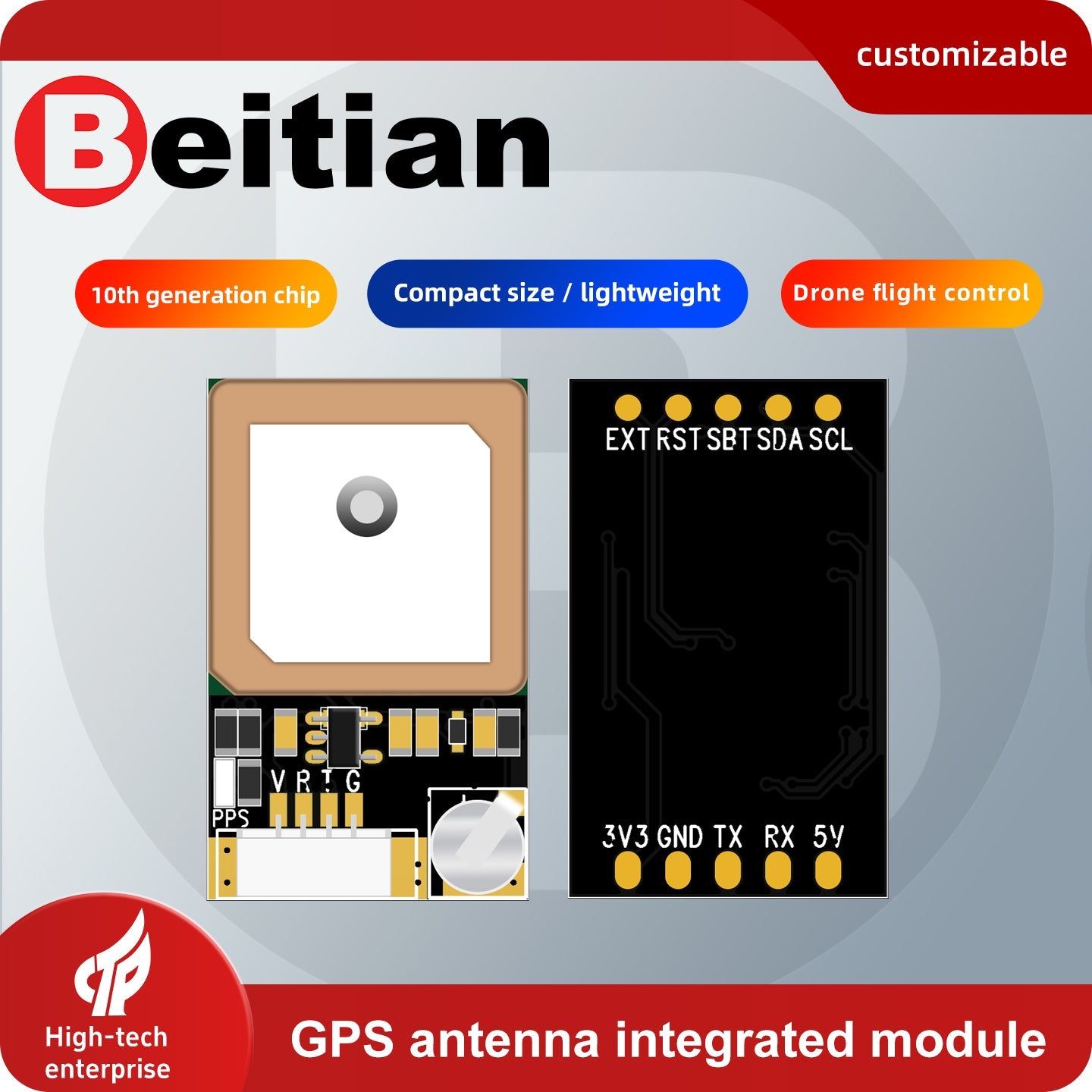 Beitian BE-245 GNSS positioning module card showing the built-in antenna and 5-pin pad layout