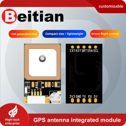 Beitian BE-245 GNSS positioning module card showing the built-in antenna and 5-pin pad layout