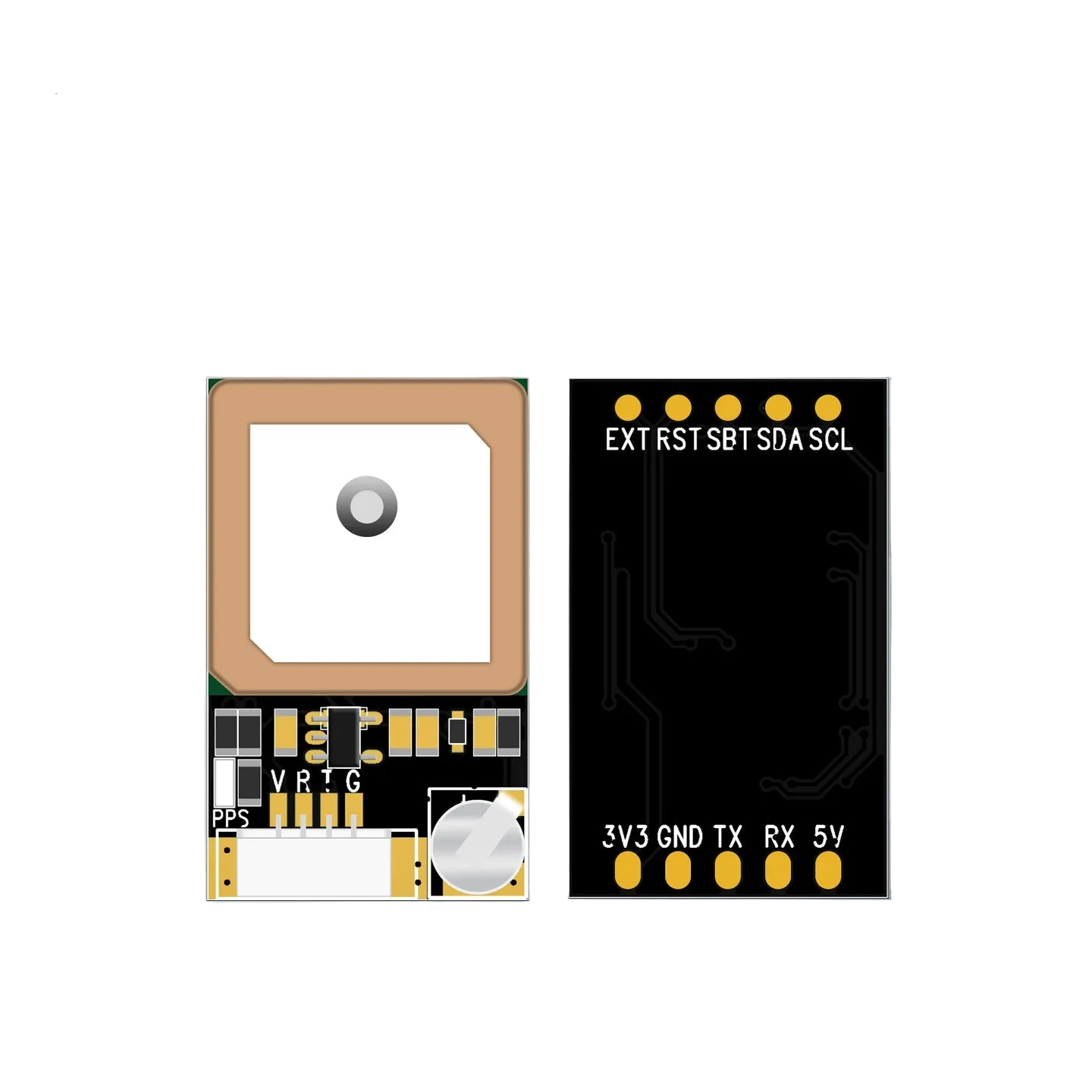 Beitian BE-245 GNSS positioning module with built-in antenna, front and rear board views