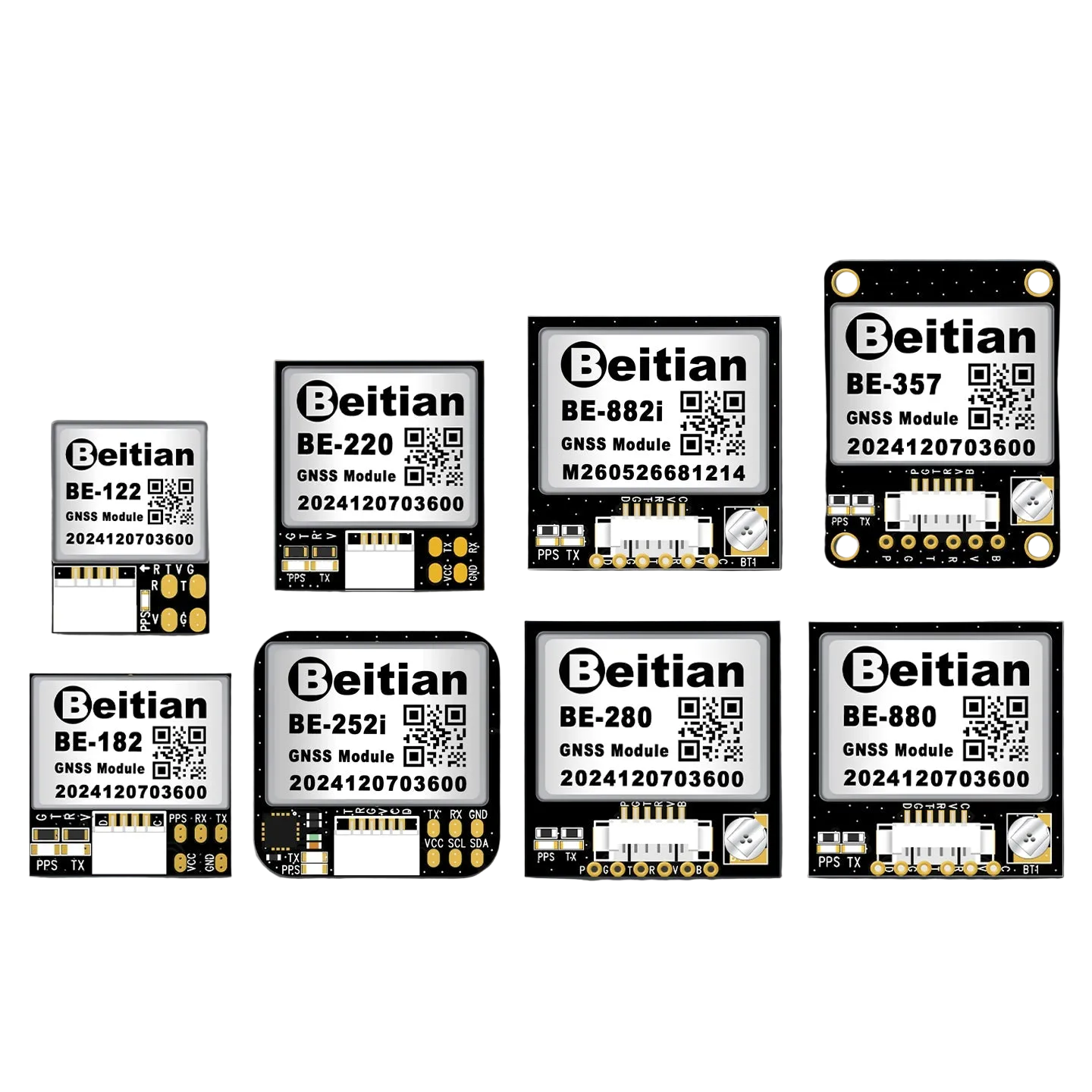 Beitian BE-280 TTL GNSS receiver module shown among the BE series lineup