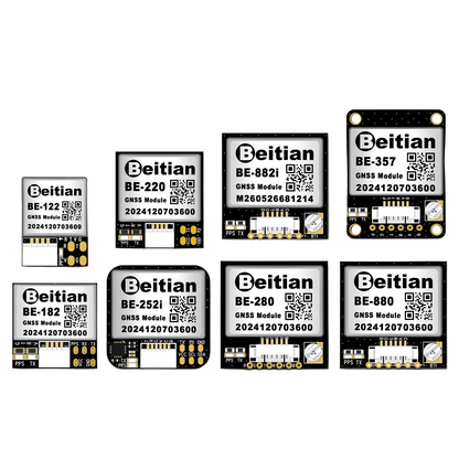Beitian BE-280 TTL GNSS receiver module shown among the BE series lineup