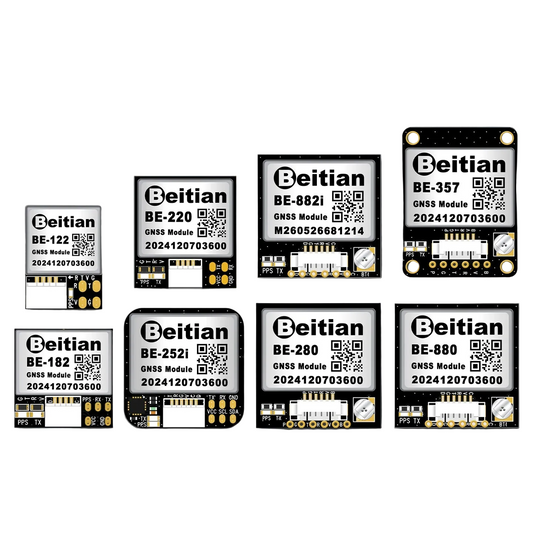 Beitian BE-280 TTL GNSS receiver module shown among the BE series lineup