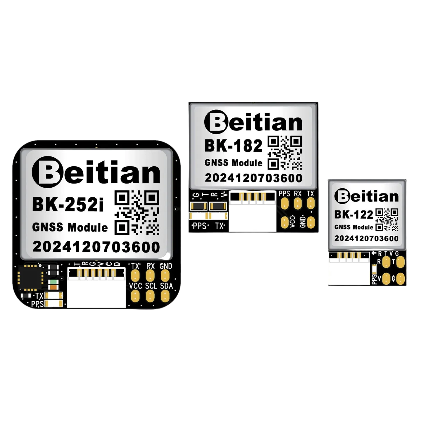 Beitian GNSS module size comparison showing BK-252i, BK-182, and BK-122 boards with pin pads