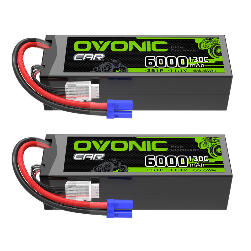 OVONIC 3S 6000mAh 11.1V 130C hardcase LiPo battery 2-pack with EC5 plug, side view