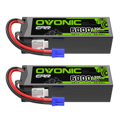 OVONIC 3S 6000mAh 11.1V 130C hardcase LiPo battery 2-pack with EC5 plug, side view