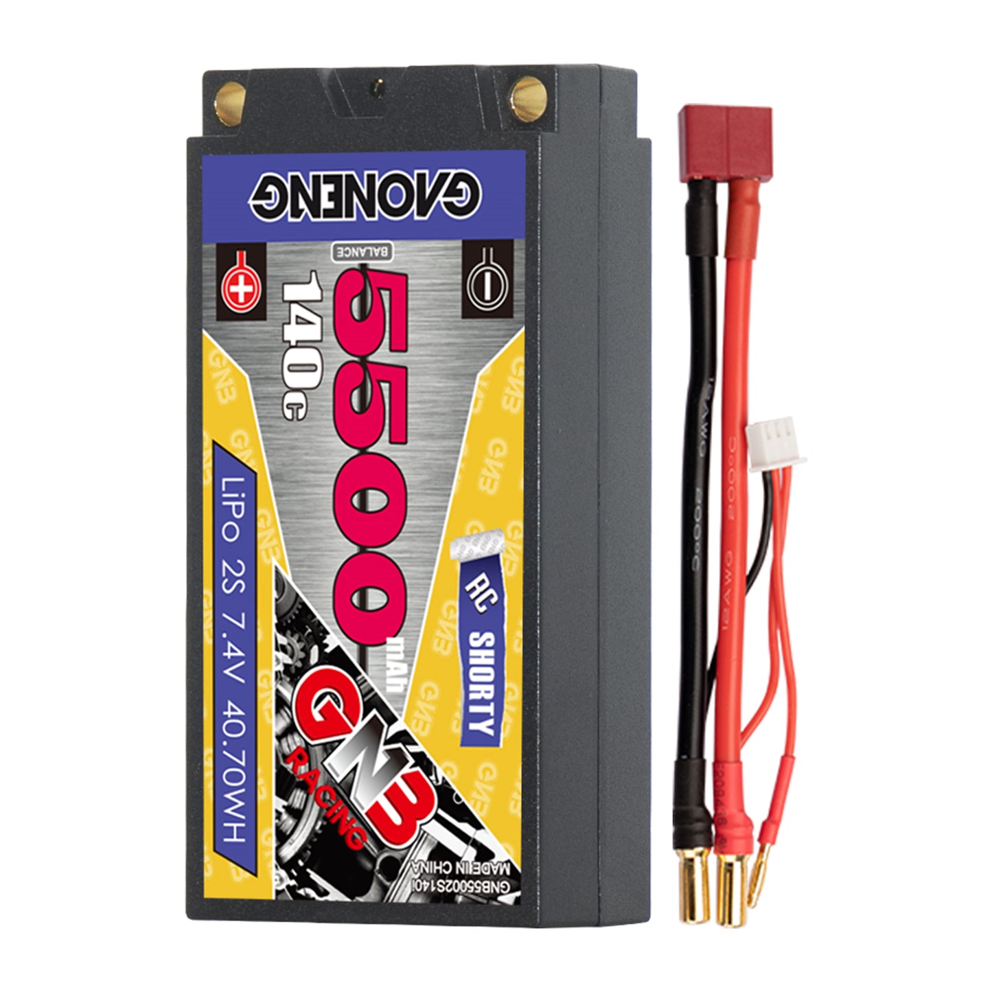 GAONENG GNB 2S 5500mAh 140C shorty hard case LiPo with T-plug (Deans) lead and 5mm bullets
