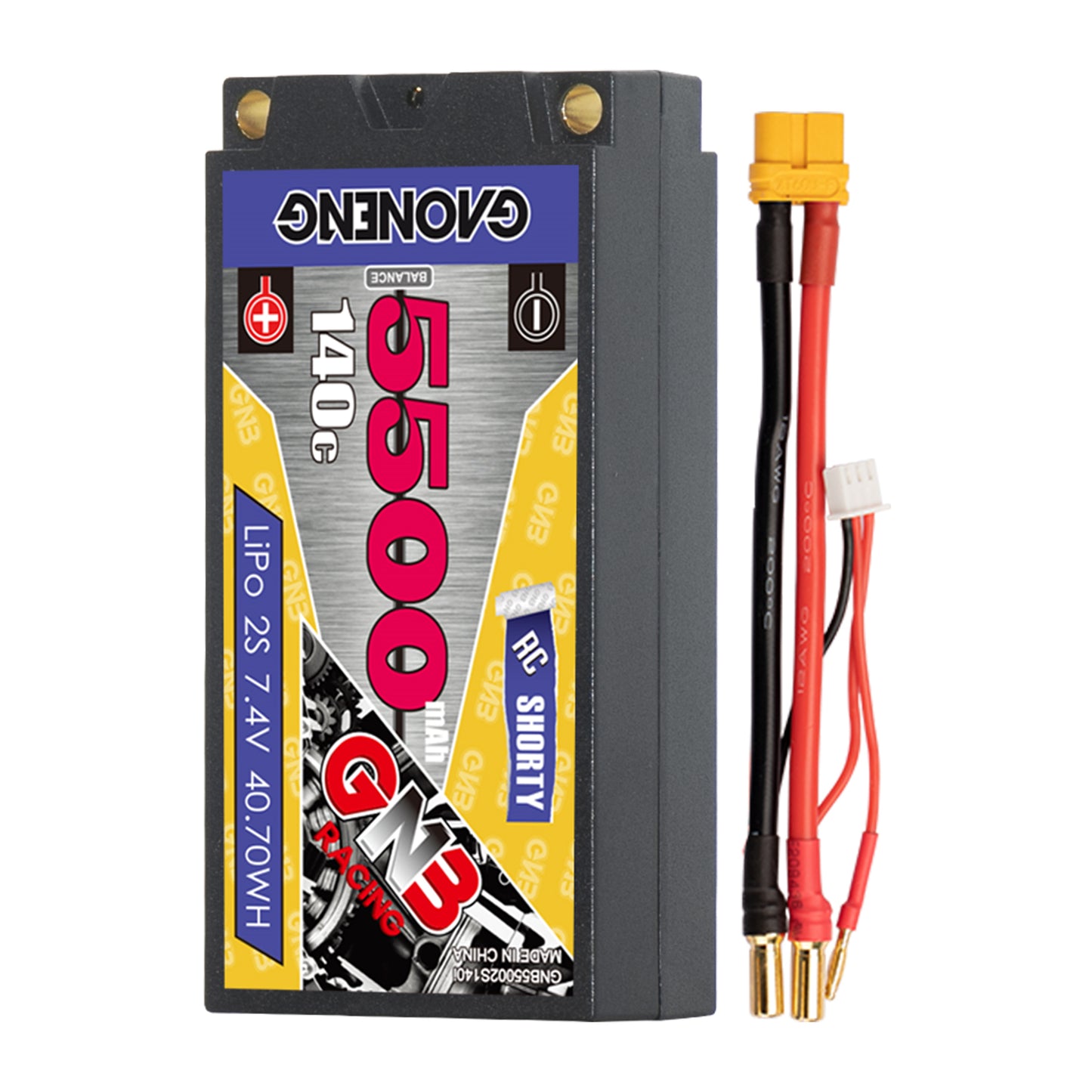 GNB 2S 7.4V 5500mAh 140C shorty hard case LiPo battery with XT60 lead and 5mm bullets