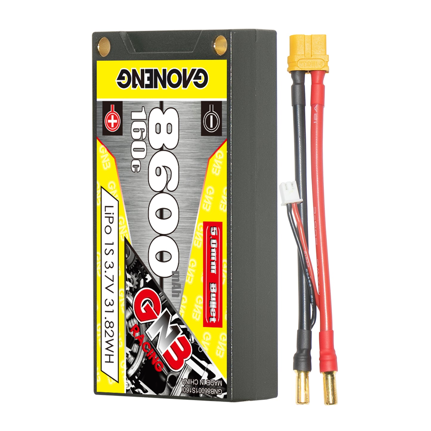 GAONENG GNB 8600mAh 1S 3.7V 160C hard case LiPo battery with 5mm bullet leads