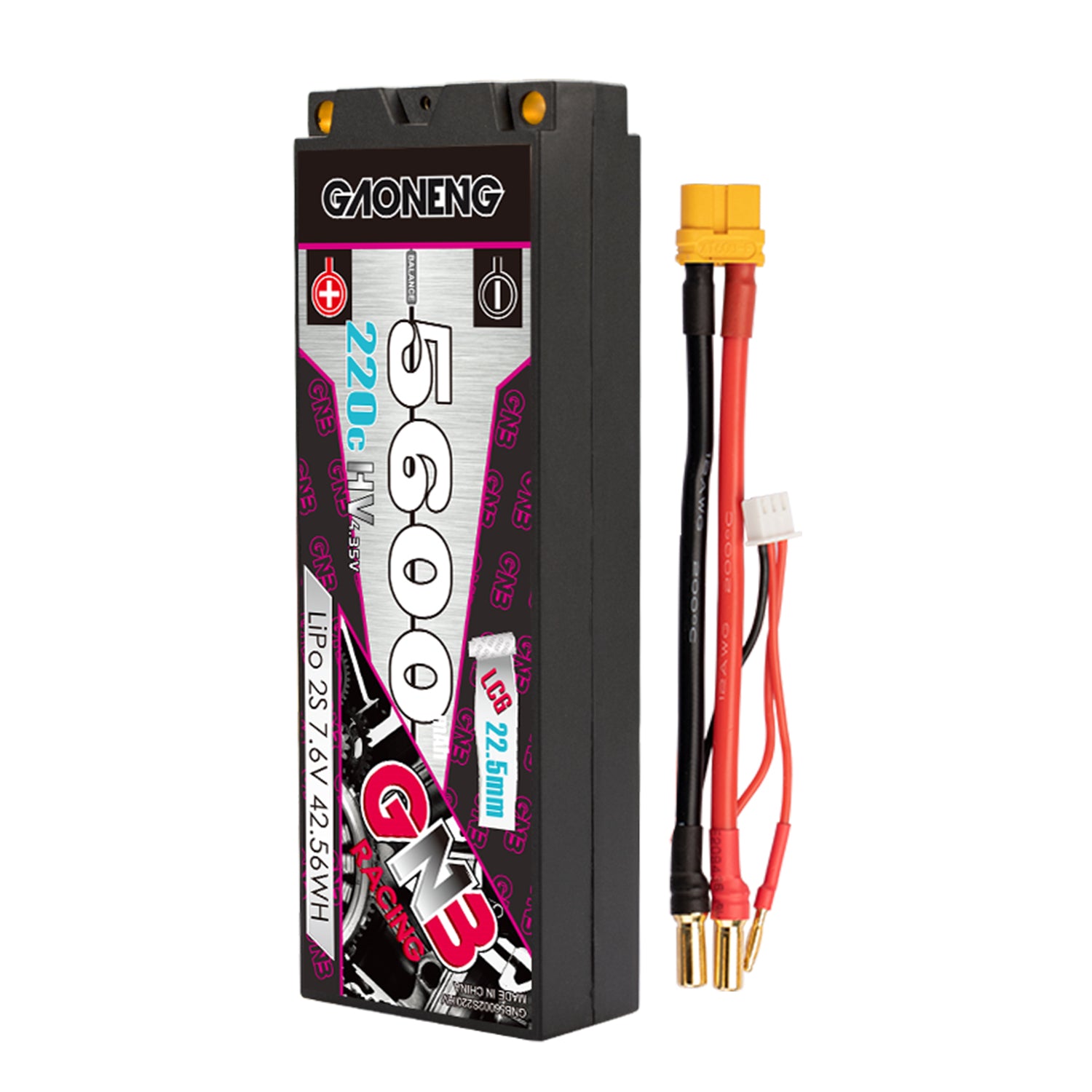 GAONENG GNB 5600mAh LiHV 2S hard case battery with XT60 lead and 5.0mm bullet connectors