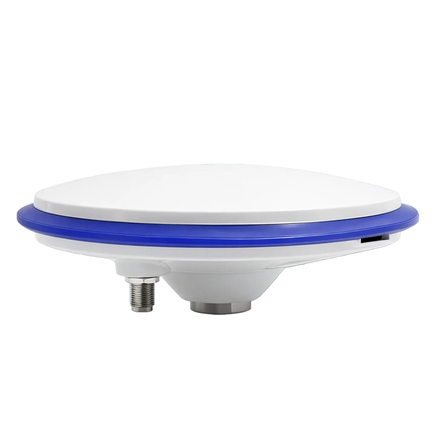 Beitian BT-200 Full-Frequency GNSS Survey Antenna side profile with TNC connector, white dome with blue ring