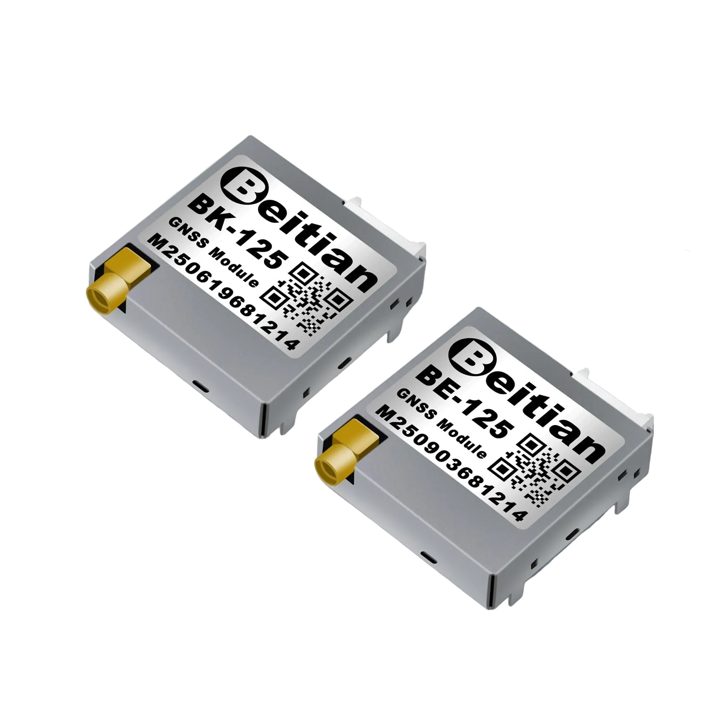 Beitian BE-125 and BK-125 GNSS SMT timing modules shown from an angled top view