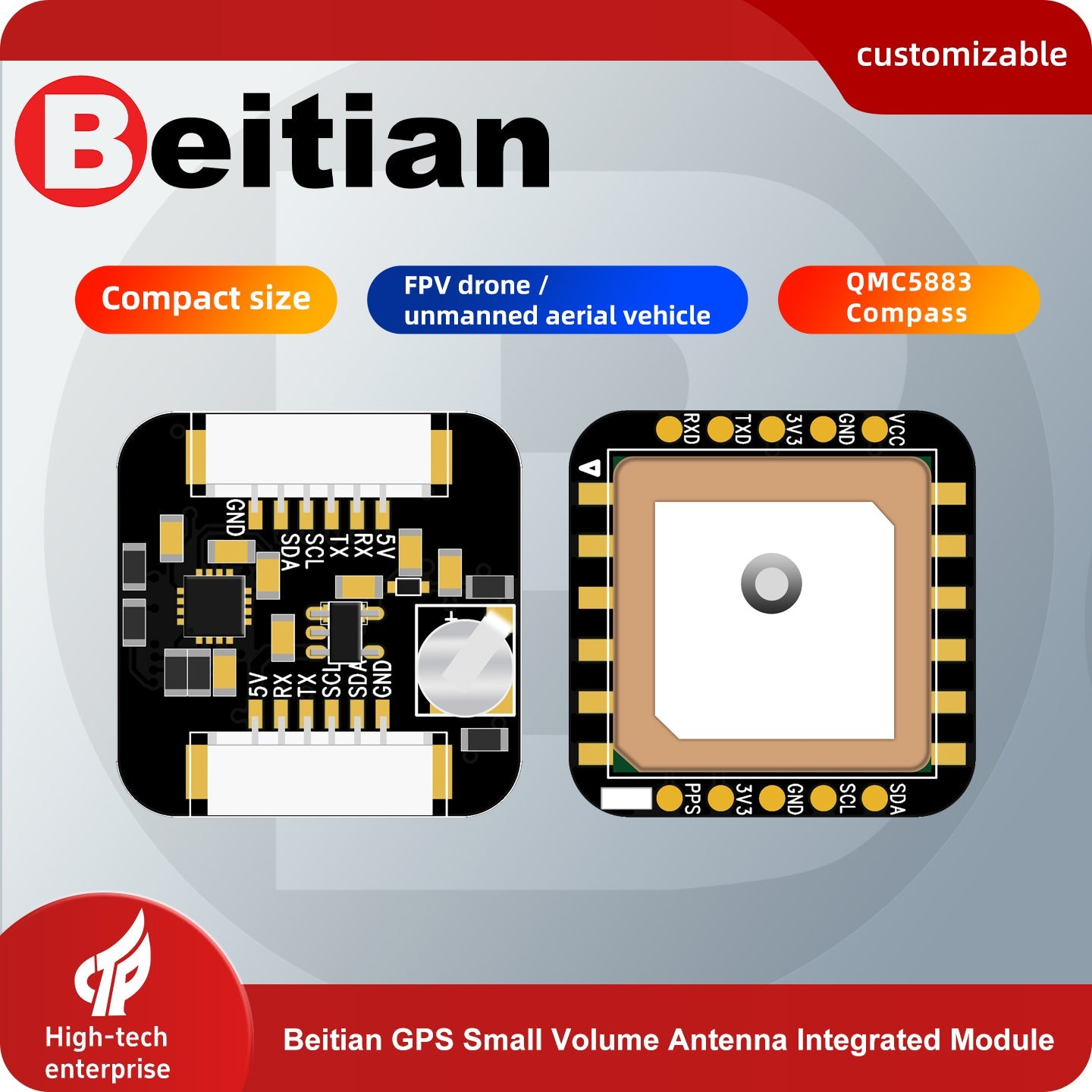 Beitian BE-240 series GNSS antenna integrated module graphic showing compact size and compass option