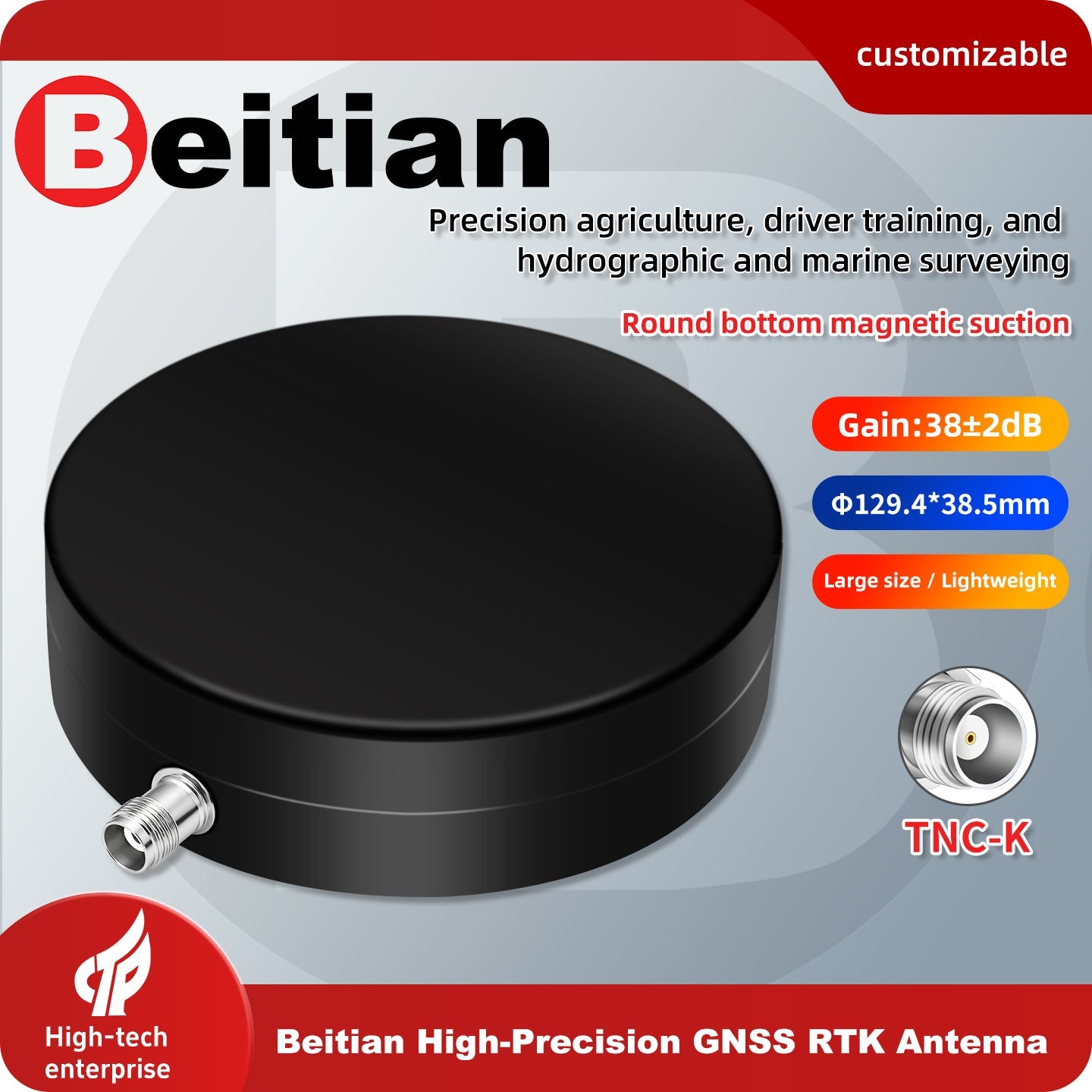 Beitian GNSS RTK antenna graphic showing round magnetic base, 38±2 dB gain, TNC-K connector