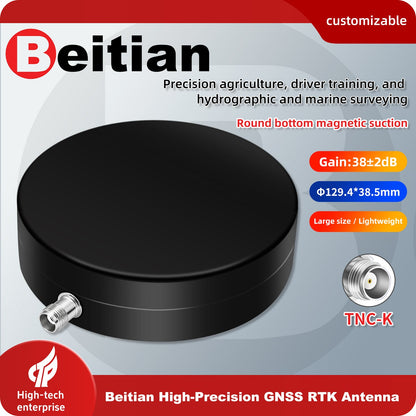 Beitian GNSS RTK antenna graphic showing round magnetic base, 38±2 dB gain, TNC-K connector